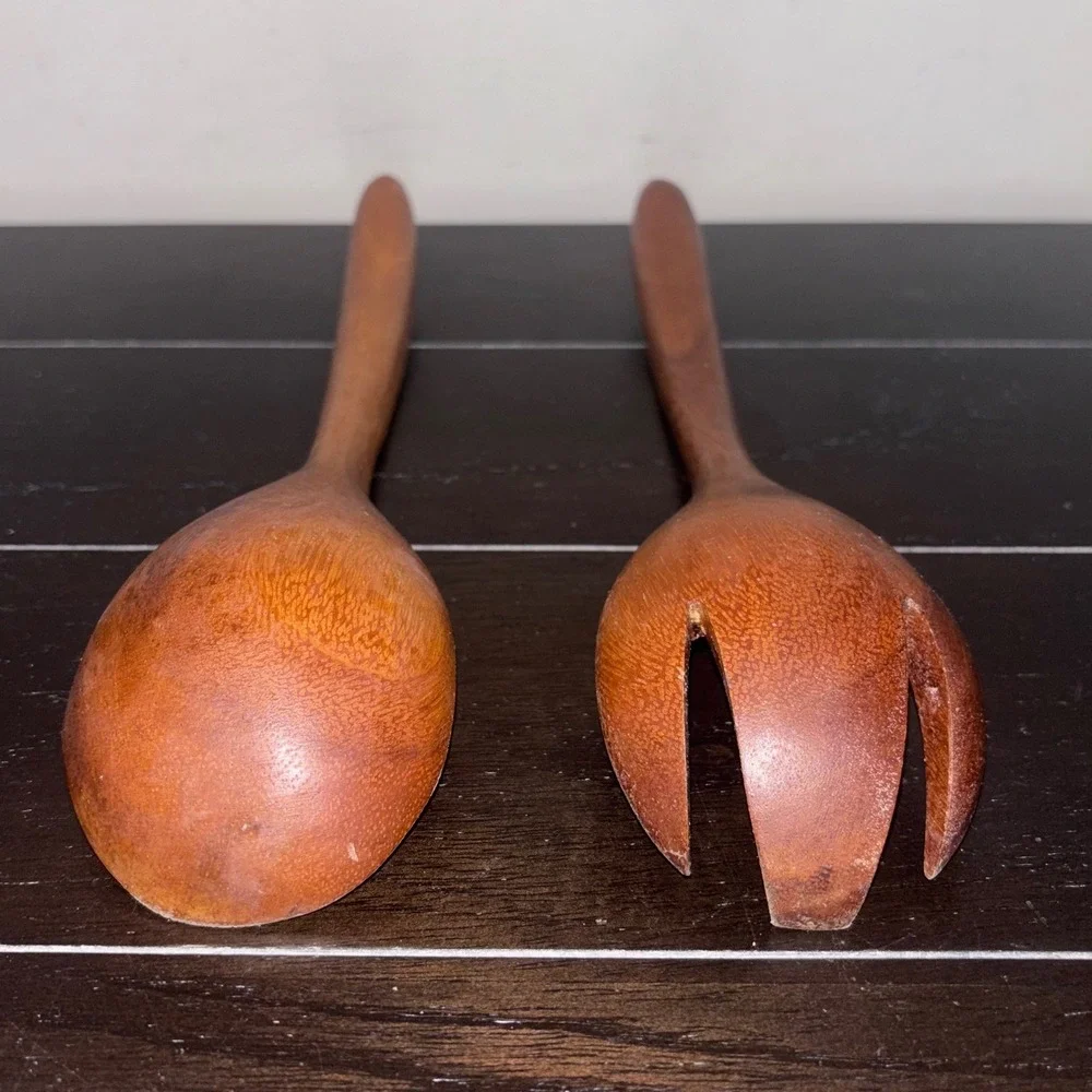Vintage Mid Century Modern Solid Wood Salad Servers Spoon and Fork Set‎ 12 Inch